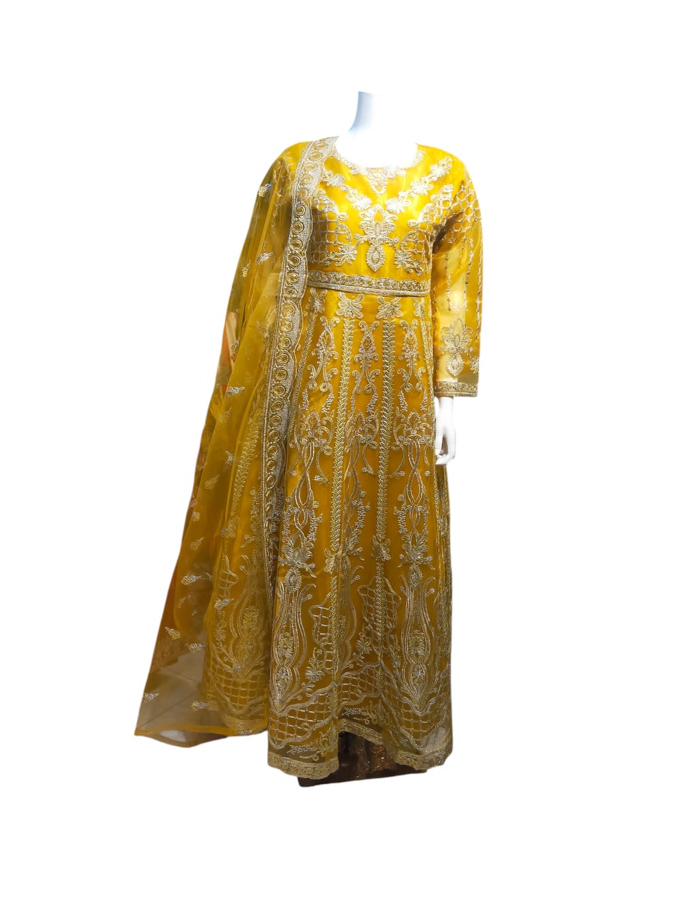 Z-01 Womenswear 3 piece long dress net and organza material with trouser and net dupatta