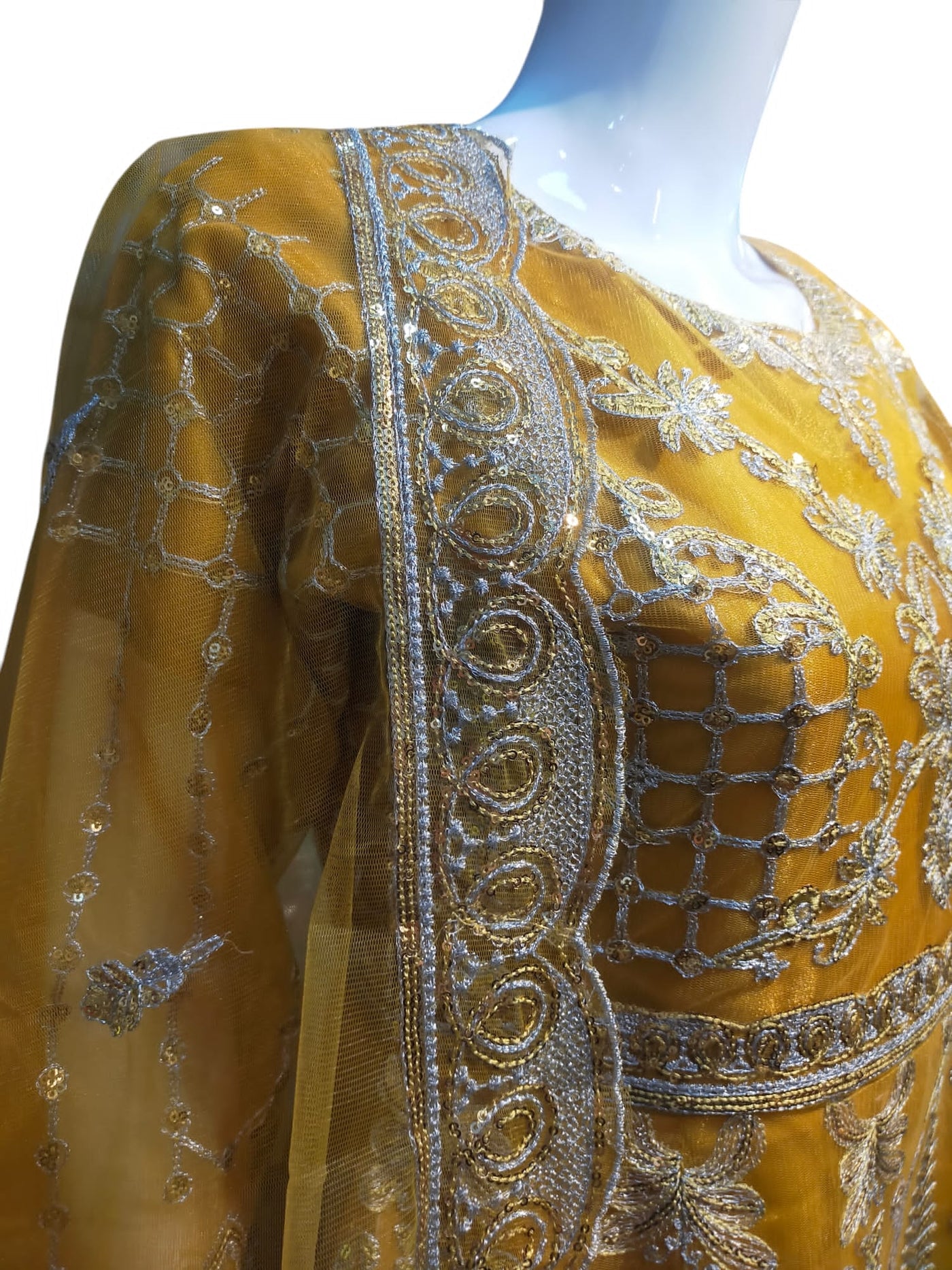 Z-01 Womenswear 3 piece long dress net and organza material with trouser and net dupatta