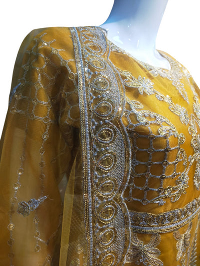 Z-01 Womenswear 3 piece long dress net and organza material with trouser and net dupatta